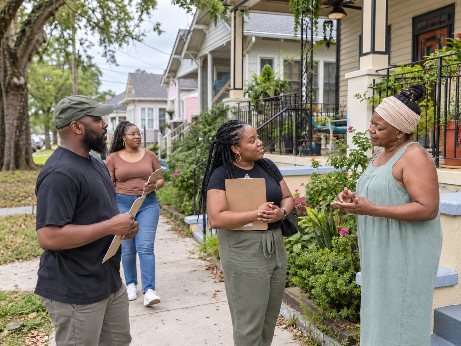 Volunteers canvassing door-to-door in a New Orleans neighborhood